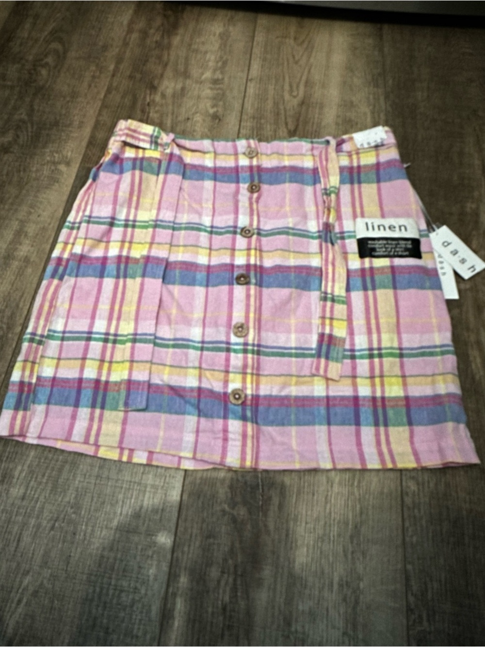 Ash Pastel Plaid Button-Front Linen Mini Skirt